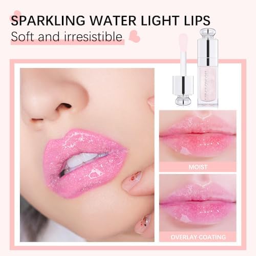 Plumping Lip Oil,Hydrating Gloss Tinted Lip Balm Transparent Lip Care,Big Brush Head Glitter Shine,Long Lasting Nourishing Non-sticky Fresh Textureand Dry Lips Care Products0.2 OZ(002#CLEAR TO PINK)