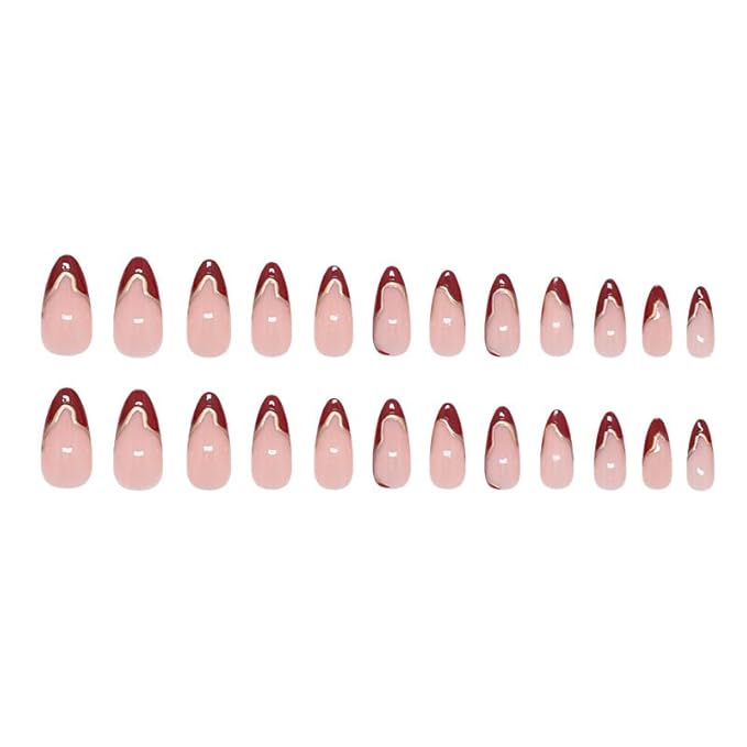 French Tip Press on Nails Wine Red Almond Fake Nails Medium Gold Stripes Acrylic False Nails Nude Glue on Artificial Nails for Women Manicure 24Pcs