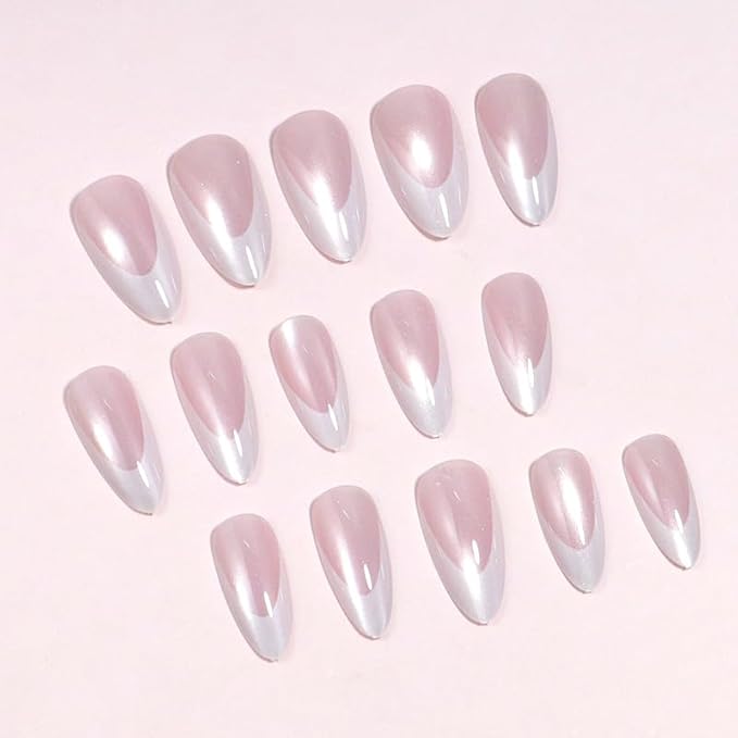 French Tip Press on Nails Medium Almond Fake Nails Cat Eye Chrome False Nails Press ons Glossy Pink Glue on Acrylic Nails for Women Manicure Deco 24Pcs