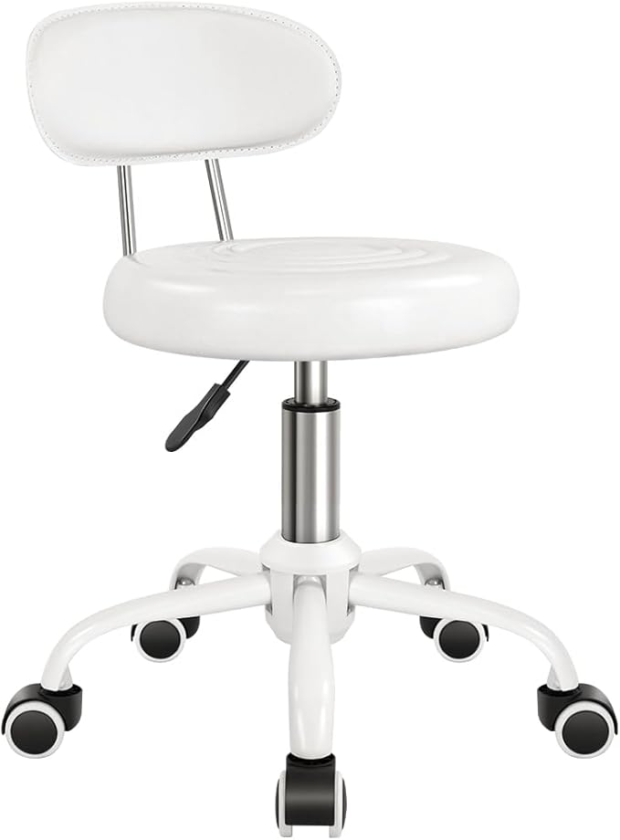 Rolling Stool with Wheels Swivel Stool with Back Height Adjustable Chair PU Leather Rolling Chair Ideal for SPA Salon Home Office Drafting Work (White)