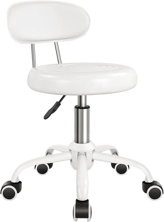Rolling Stool with Wheels Swivel Stool with Back Height Adjustable Chair PU Leather Rolling Chair Ideal for SPA Salon Home Office Drafting Work (White)