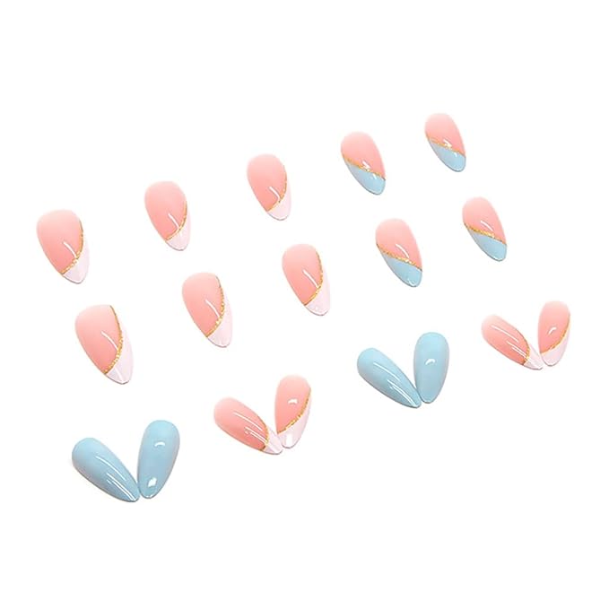 RikView French Tip White Press on Nails Medium Fake Nails Blue Almond Acrylic Nails 24 PCs/Set