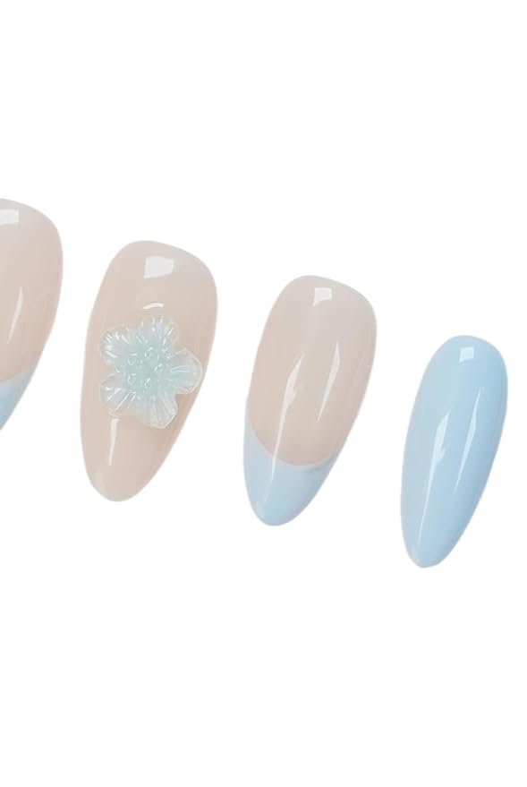 3D Blue Floral Press On Nails Medium Almond- Handmade Nude Base Blue French-Tip Salon Gel Acrylic Nails-Reusable Full Set 10pcs (Crystal Flower, Size S)
