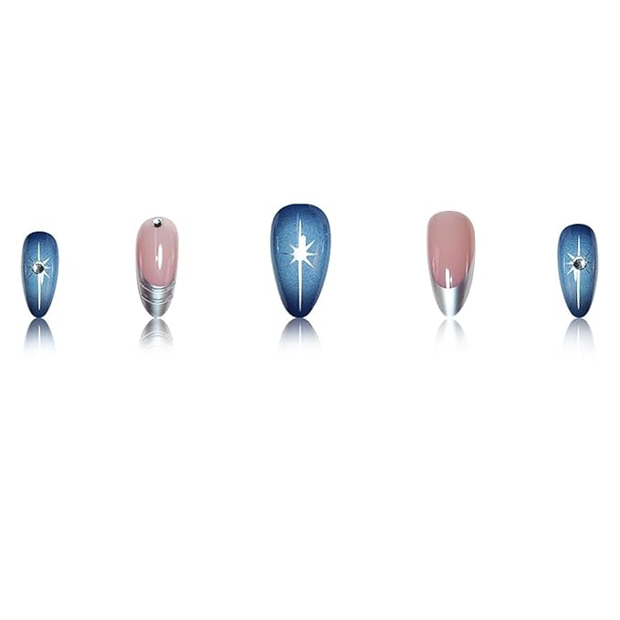 24Pcs Almond Press on Nails Short Fake Nails with Star Designs Gradient Blue Acrylic Nails Silver French Tip Glue on Nails with Rhinestones Metallic Style 3D Nails Press ons False Nails for Women