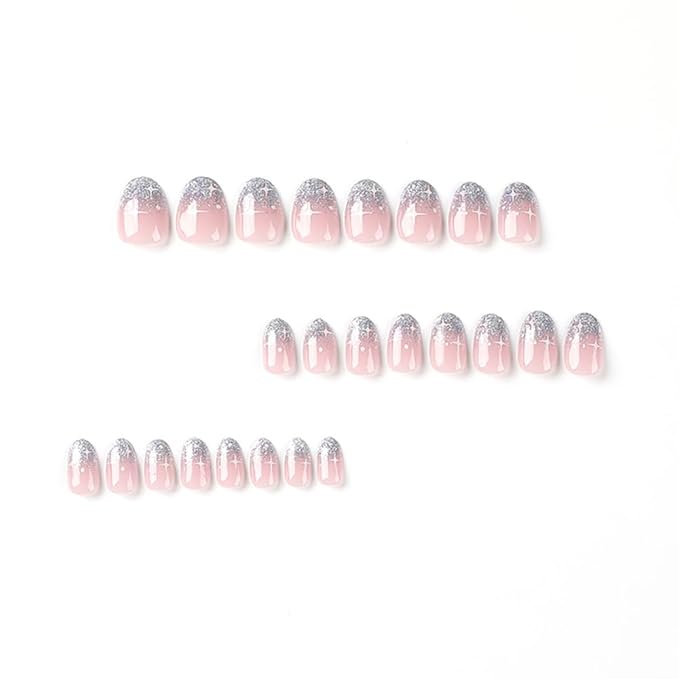 French Pink Press on Nails Short Oval, Summer Fake Nails with Sparkly Silver French Tips Designs, Glossy Gel Finish Acrylic Nails, Thick Reusable Glue on Nails Kit for Women, 24Pcs, Silver Blessing