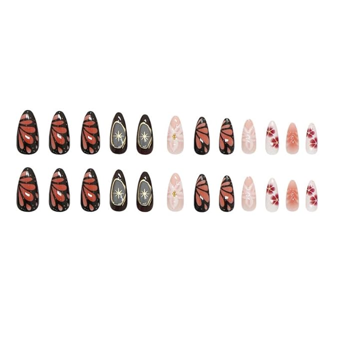 Long Almond Press on Nails Fake Nails with 3D Flowers and Butterfly Design False Nail with Star Accents and Gradient Color Stick on Nail for Women 24pcs