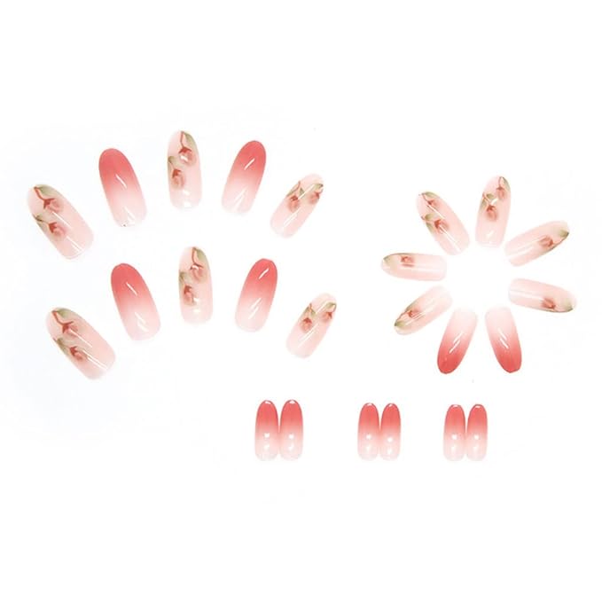 RikView French Tip Press on Nails Medium Stick on Nails Pink Fake Nails Almond Nails for Women with Flowers Design