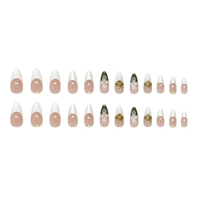 Flower Press on Nails Green Fake Nails Medium Almond False Nails with Pearl Design White French Tip Glue on Nails Glossy Artificial Acrylic Full Cover Nude Stick on Nails for Women Manicure 24Pcs