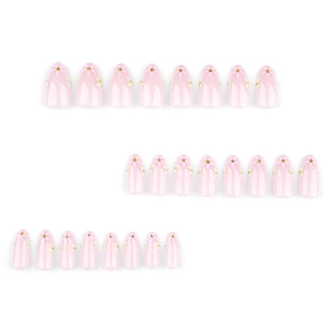 Spring Press-On Nails, Light Pink Fake Nails, Almond Shape Flower Artificial Nails with Gold Accents Designs, Medium Length Glue on Nails, Cute Stick on Nails for Women Girls, 24 Pcs