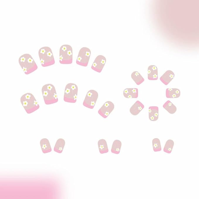 French Tip Press on Nails Short Square Fake Nails Flowers Acrylic Nails Cute Floral False Nails Glossy Glue on Nails Stick on Nails Artificial Nails for Women Girls Manicure 24Pcs