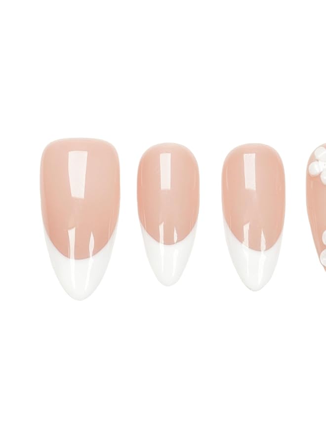 3D White Floral Press On Nails - Handmade Nude Base White French-Tip Medium Almond Salon Gel Acrylic Nails -Reusable Full Set 10pcs (Dancing Petals, Size M)