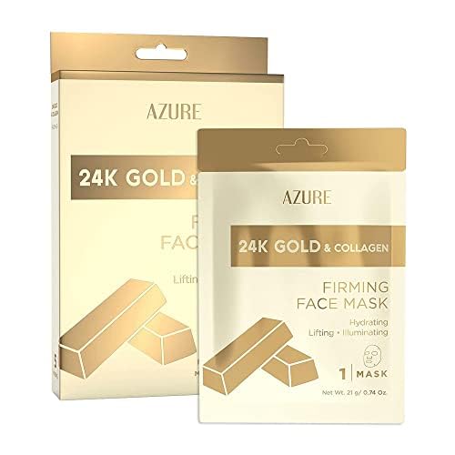 Azure Cosmetics 24K Gold Firming Face Mask- Anti Aging, Hydrating, Toning & Firming Facial Sheet - Helps Reduce Wrinkles & Fine Lines - With Hyaluronic Acid & Collagen - Made in Korea - Pack of 5