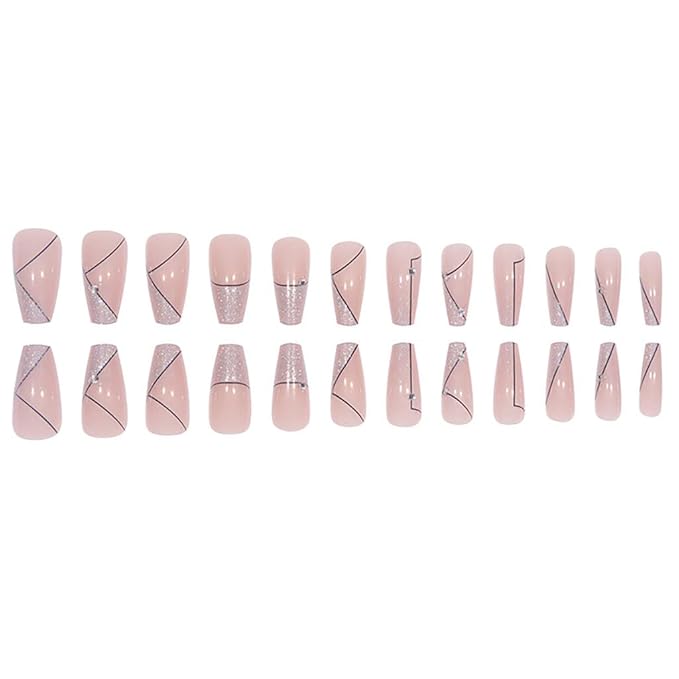 RikView French Tip Press on Nails Medium Fake Nails Coffin Acrylic Nails Nude Nails for Women and Girls