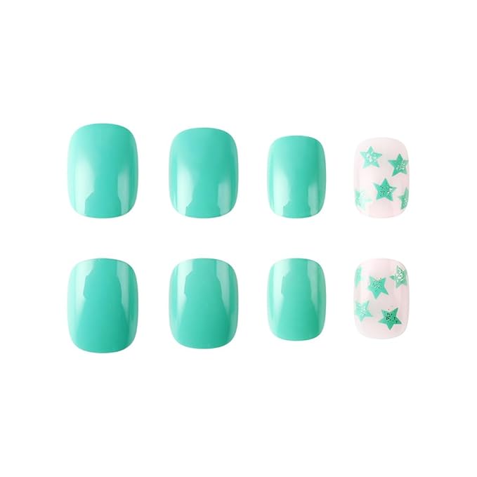 Green Press on Nails Short Square Fake Nails Spring False Nails with Designs Green Star Glue on Nails Cute Acrylic Nails Full Cover Summer False Nail Tips Reusable Stick on Nails for Women 24PCS