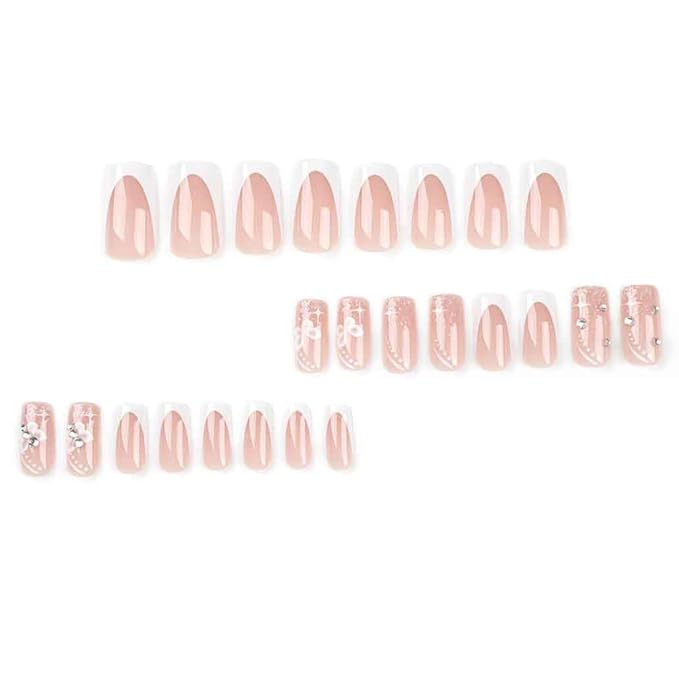 Long Press On Nails - Nude Square Clear Acrylic False Nails - 24PCS French Full Cover Bling Rhinestone Butterfly Design