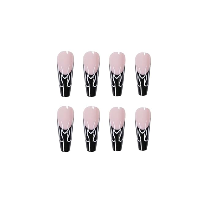 BABALAL Long Press on Nails Coffin Fake Nails Black French Tip Glue on Nails Glossy Acrylic Nails Gothic Falme Design Ballerina False Nails for Women and Girls