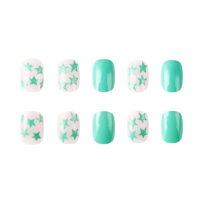 Green Press on Nails Short Square Fake Nails Spring False Nails with Designs Green Star Glue on Nails Cute Acrylic Nails Full Cover Summer False Nail Tips Reusable Stick on Nails for Women 24PCS