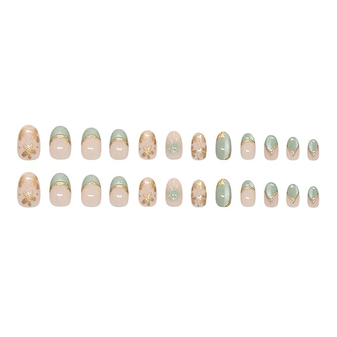 24Pcs Press on Nails Short Almond Fake Nails Nude with Gold Flower Design French Tip False Nails Glitter Stick on Nail Full Cover Cute Glue on Nail Acrylic Art Kit for Women DIY Manicure Kit