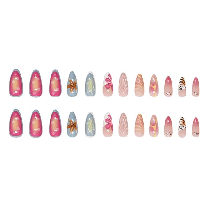 24Pcs Summer Shell Press on Nails Medium Almond Fake Nails with 3D Starfish Design White French Tip Colorful Ombre False Nails Pink Gradient Spring Flower Stick on Nails for Manicure DIY