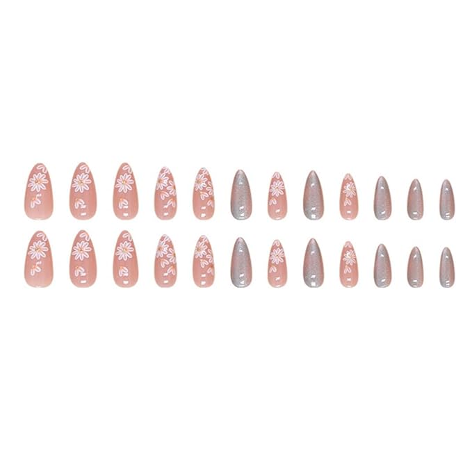Almond Press On Nails - Medium French Tips, Pink Glossy Full Cover Nails (24 PCS/Set)