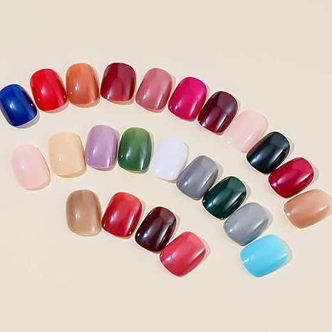 576Pcs short Press on Nails Solid Color Fake Nails Full Cover Squoval False Nails 24 Color Glossy Acrylic Glue on Nails Reusable Square Artificial Stick on Nail for Women Manicure