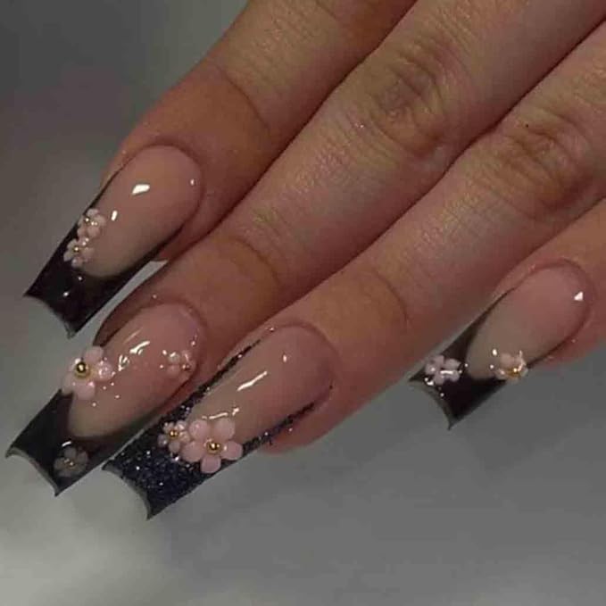 Black Press on Nails Long French 3D Flower Fake Nails Coffin Glossy False Nail Tips Artificial Nails Finger Manicure for Women and Girls,24pcs