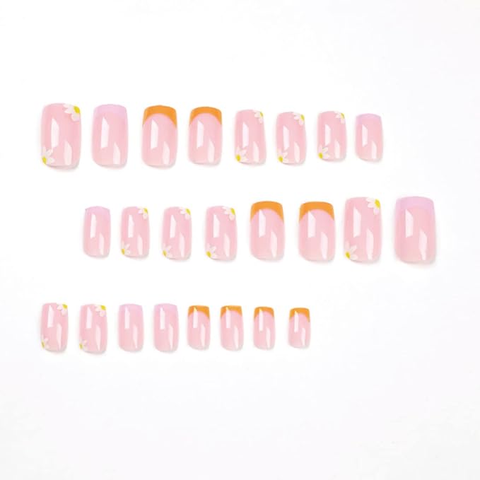 Medium Press on Nails French Fake Nails with Flowers Design Colorful Square Nails for Women