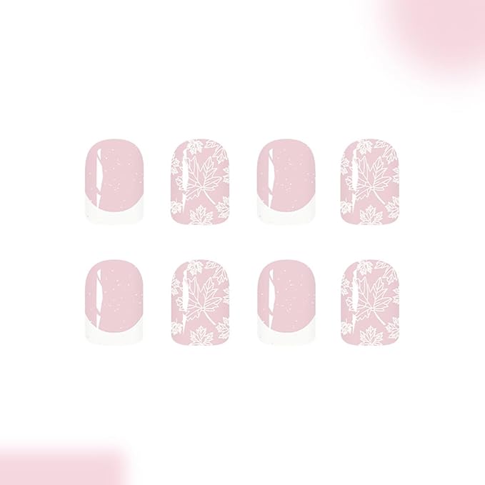 24Pcs Fall Press on Nails Short Square Fake Nail with White Autumn Maple Leaves Designs French Tip False Nail Glitter Pink Acrylic Nails Thanksgiving Glue on Nails for Women Daily Wear