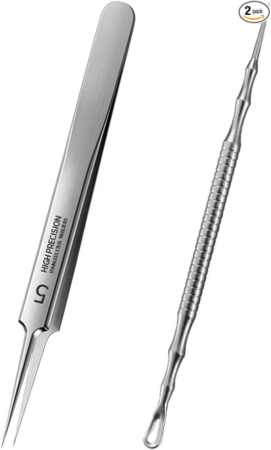 2Pcs Professional Facial Blackhead Remover Tweezers and Pimple Extractor Acne Treatment Tool for Acne Pimples Comedowns Blemishes or Splinters Removal