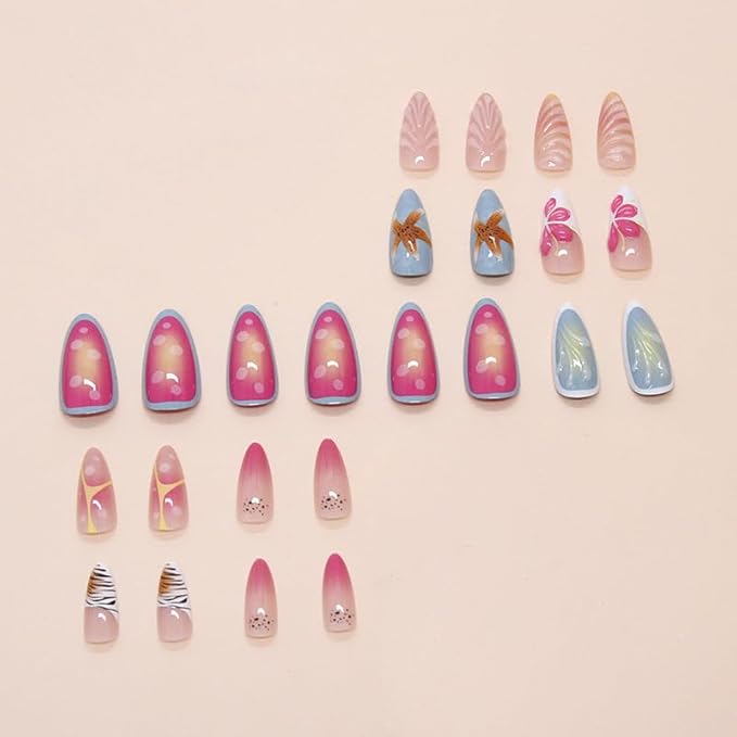 24Pcs Summer Shell Press on Nails Medium Almond Fake Nails with 3D Starfish Design White French Tip Colorful Ombre False Nails Pink Gradient Spring Flower Stick on Nails for Manicure DIY