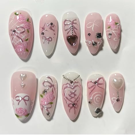 3D Handmade Spring & Summer Heart Pearl Press On Nails Almond Medium 24 Pcs, Flower Designer Reusable Acrylic Fake Nails with Glue, Wedding and Party, Daily wear Nails fro Women Gift