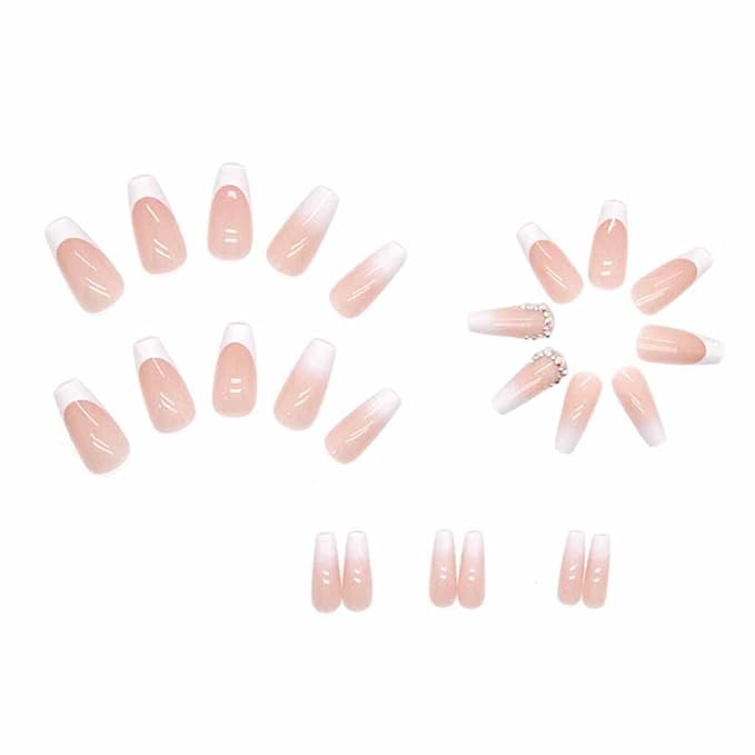 Nude Press on Nails Coffin French Long Fake Nails Acrylic Rhinestone Luxury Design Glossy Artificial Nails Full Cover False Nail Tips-24pcs