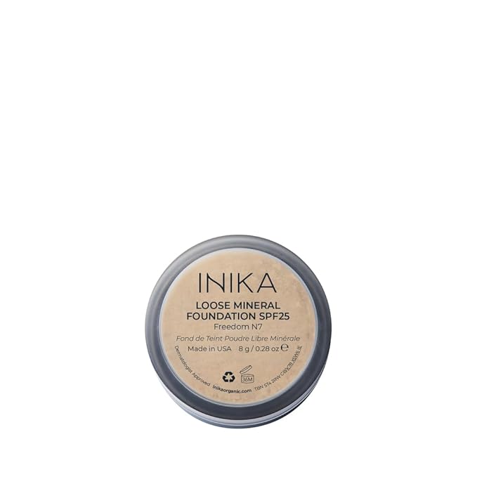 INIKA Organic Mineral Powder Foundation with SPF 25 - Vegan Makeup, Natural Looking, Buildable Coverage, Flawless Radiance & Glow, Blemish Coverage, Cruelty Free, Sustainable Packaging, Freedom, 8g