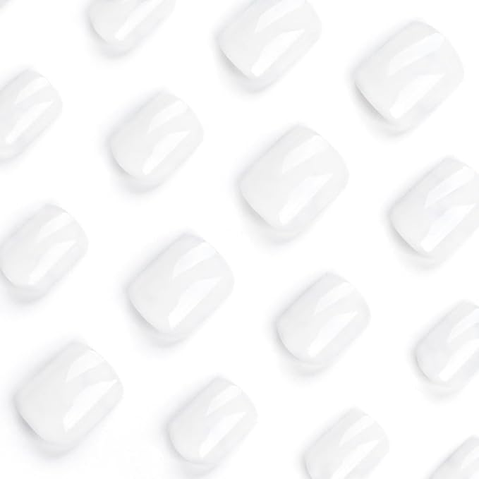 Press on Nails Short Square, Pure White Fake Nails Kit, Fashion Glossy Acrylic Press on Nail, Natural Stick on Nail, Thick Reusable Glue on Nails Short Press on Nail for Women, 30Pcs