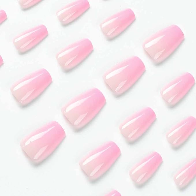 24pcs Pink Fake Nails Gradient Coffin Glossy Press on Nail False Tips Medium Length Artificial Finger Manicure for Women and Girls