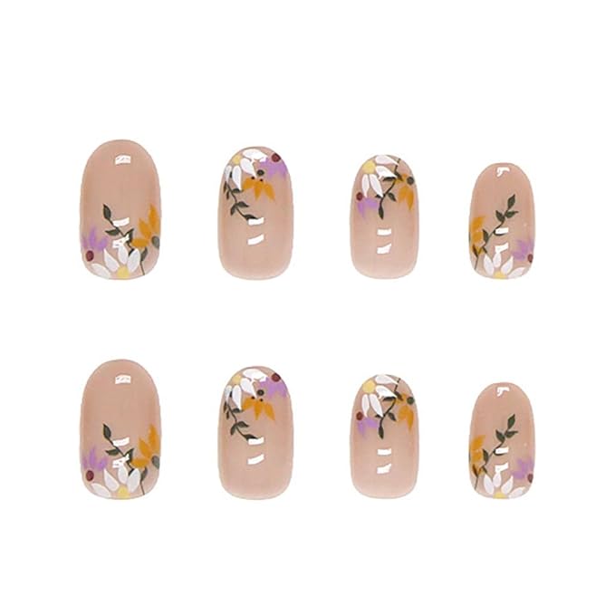 RikView French Tip Press on Nails Medium Acrylic Nails with Flowers Design Almond Fake Nails Nude Nails for Women