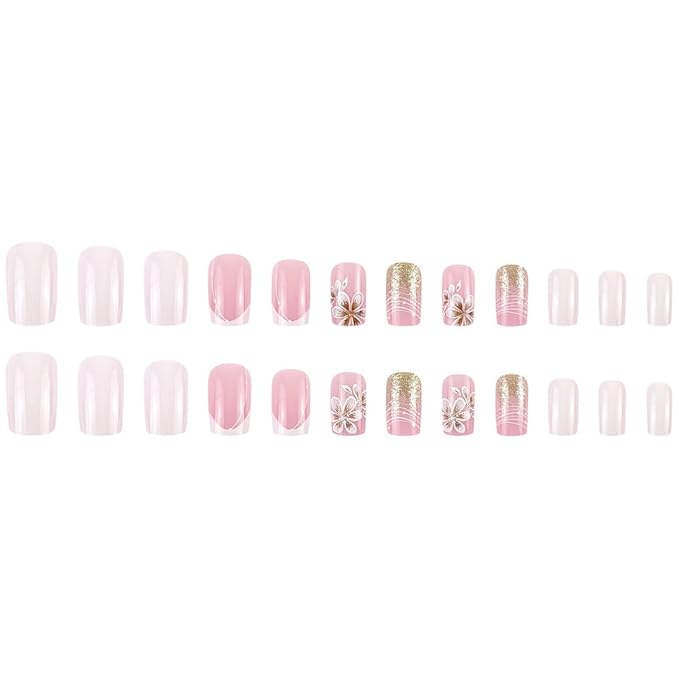 White French Tip Press on Nails Medium Square Fake Nails Glossy Pink Acrylic Full Cover Flower Glue on Nails with Glitter Designs French False Nails Stick on Nails Artificial Nails for Women Girls