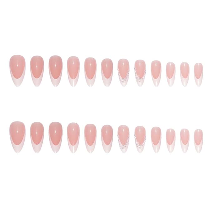 Press on Nails French Medium, Pearl White Fake Nails Almond Acrylic False Nails,Artificial Glue on Nails for Women 24pcs