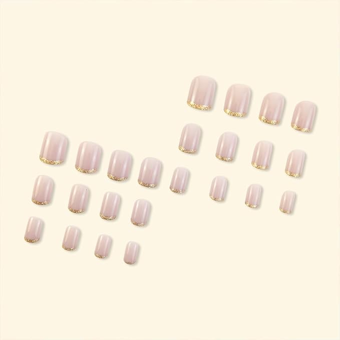 Press On Nails Short Square, Pink Fake Nails with French Tips and Gold Border Accent Glitter Designs, Glossy Gel Finish Acrylic Nails Press Ons Short, Thick Natural Reusable Glue On Nails Kit