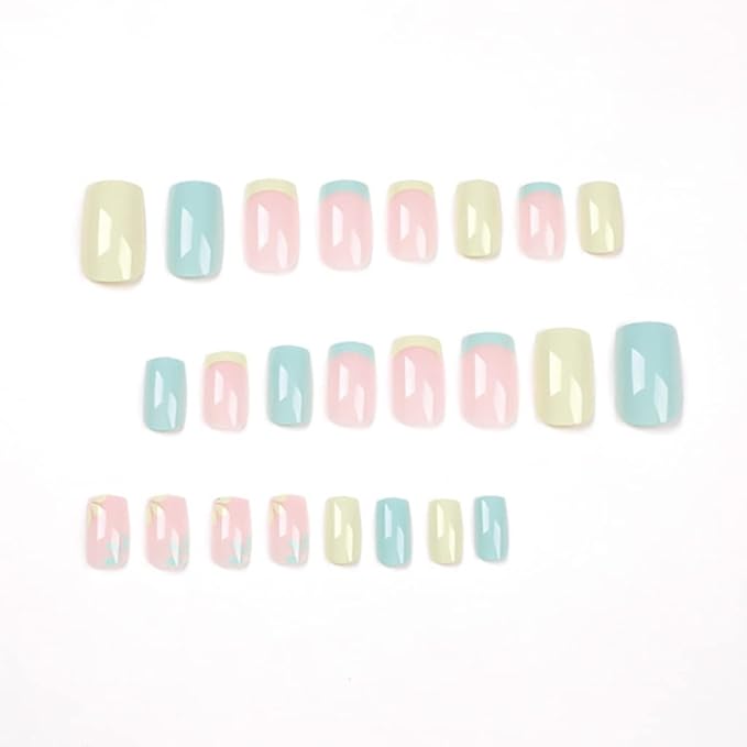 RikView French Tip Press on Nails Medium Fake Nails Blue Stick on Nails with Flowers Design Square Yellow Nails for Women