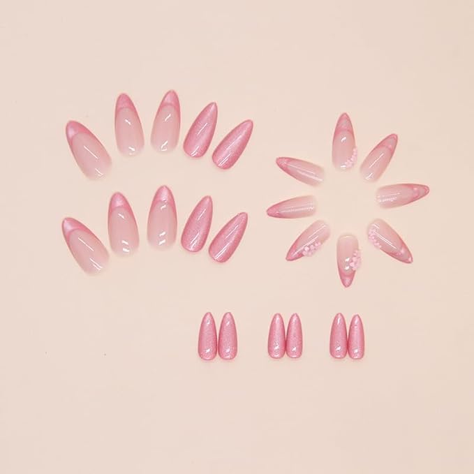 Medium Press on Nails Almond Fake Nails Pink Glitter Acrylic False Nails with Deigns Sakura Flower Glue on Nails Press ons French Nails Decorations for Women Girls 24Pcs