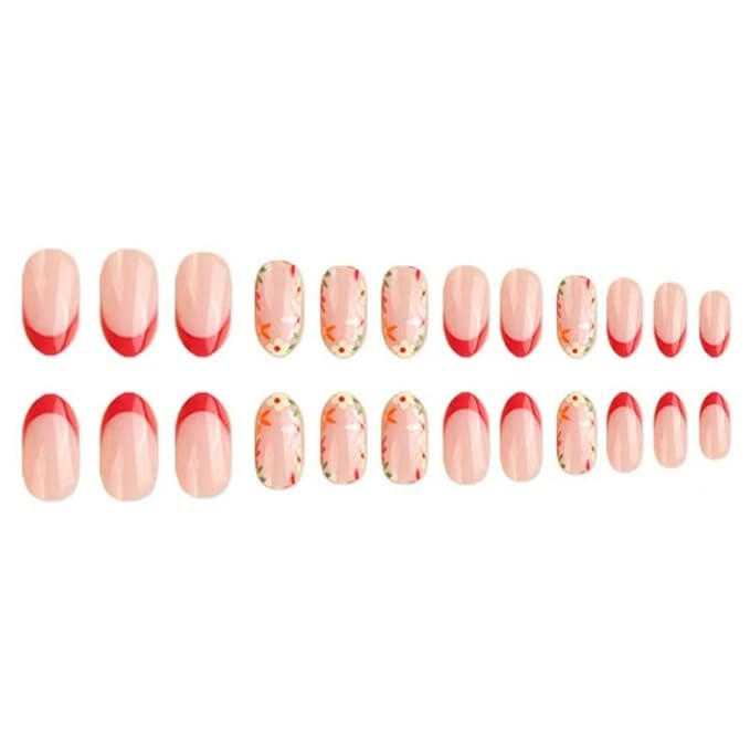 Flower Press on Nails Red French Tip Fake Nails Short Almond False Nails with Design Nude Glue on Nails Glossy Artificial Acrylic Full Cover Floral Stick on Nails for Women Manicure 24Pcs