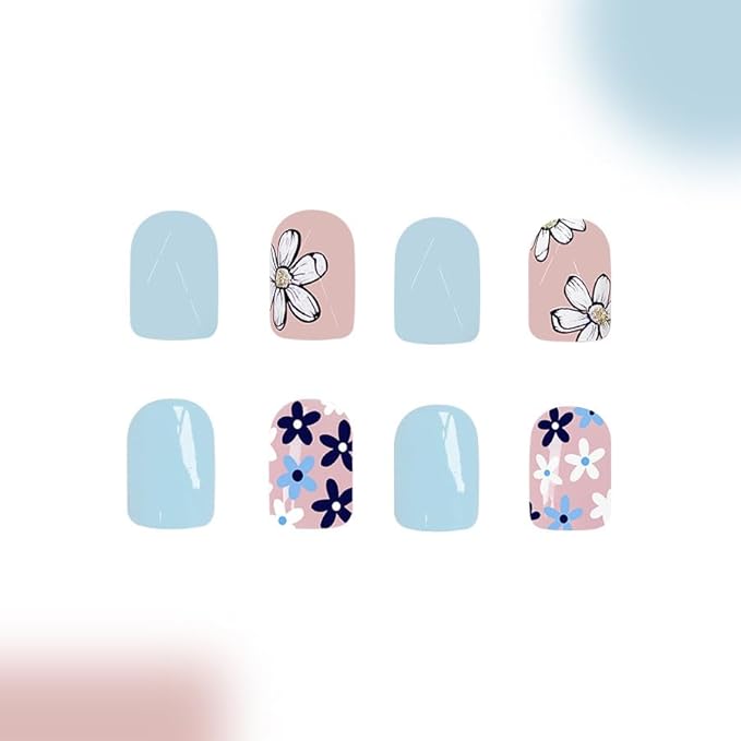 2 Packs 48Pcs Spring Flowers Press on Nails Short Square Fake Nails Blue Floral False Nails Squoval Artificial Acrylic Nails with Design Glossy Nails Press ons for Women Manicure Art Decoration Set