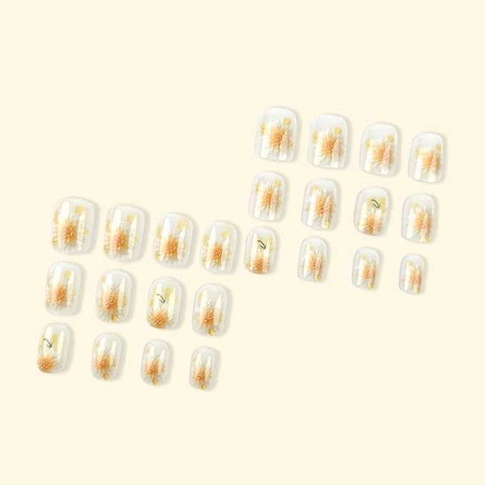 Short Square Press on Nails White Fake Nails with Flower Design Spring False Nails for Girls and Kids 24pcs