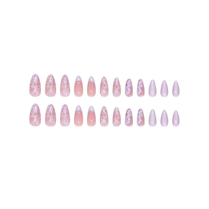 Mave Medium Purple Marble Glitter Acrylic False Nails - Shiny Stick On, 24Pcs with French Nails Glossy Finish