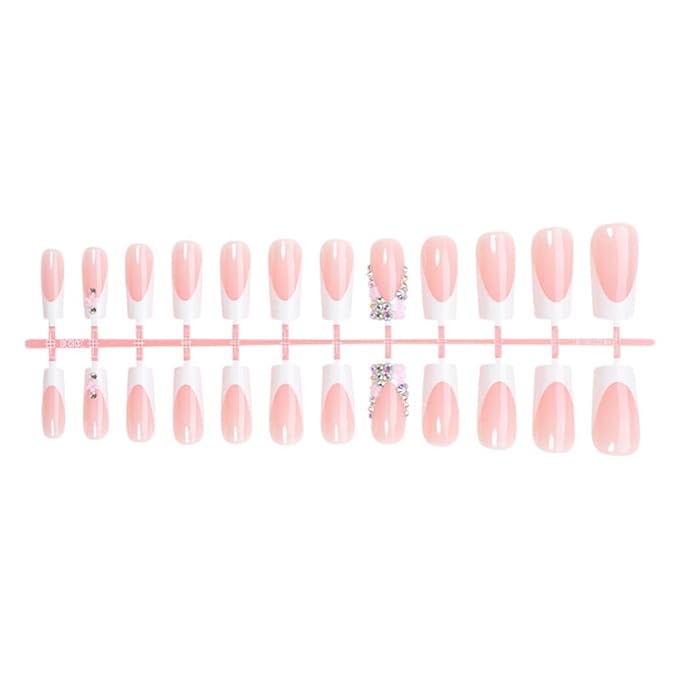 Press on Nails Pink French Fake Nails Medium Rhinestone Square Bling White Nails Glossy False Nail Tips Artificial Nails Luxury Finger Manicure for Women and Girls,24pcs (Square Nails 3)
