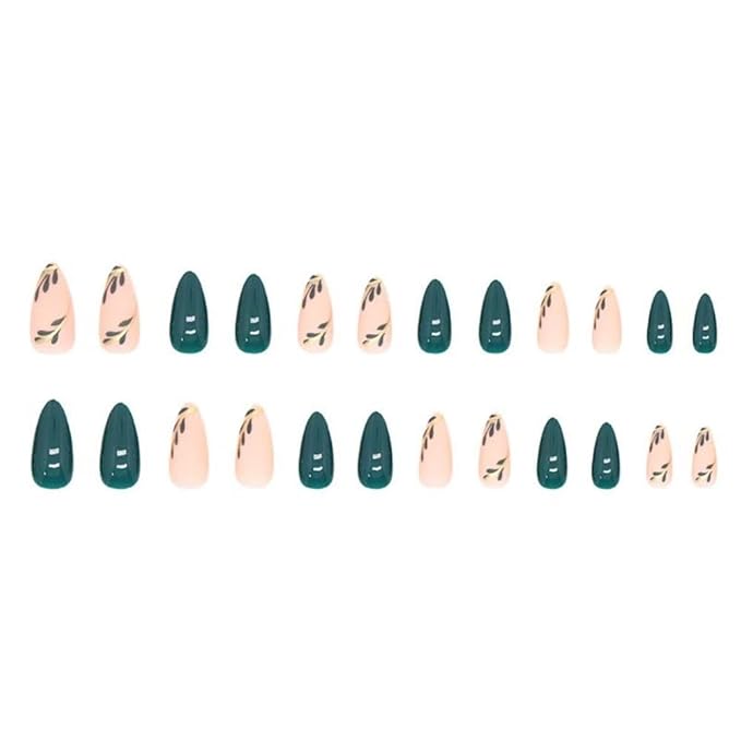 Green Press on Nails Short Almond Stick on Nails Nude Fake Nails with Leaf Design Glossy Full Cover False Nails Artificial Acrylic Nails for Women Girls Diamond Manicure 24Pcs