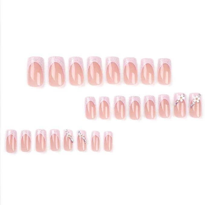 3D Flower Fake Nails Square Pink French Press on Nails Long Bling Glossy Rhinestone False Nail Tips Artificial Nails Finger Manicure for Women and Girls 24pcs