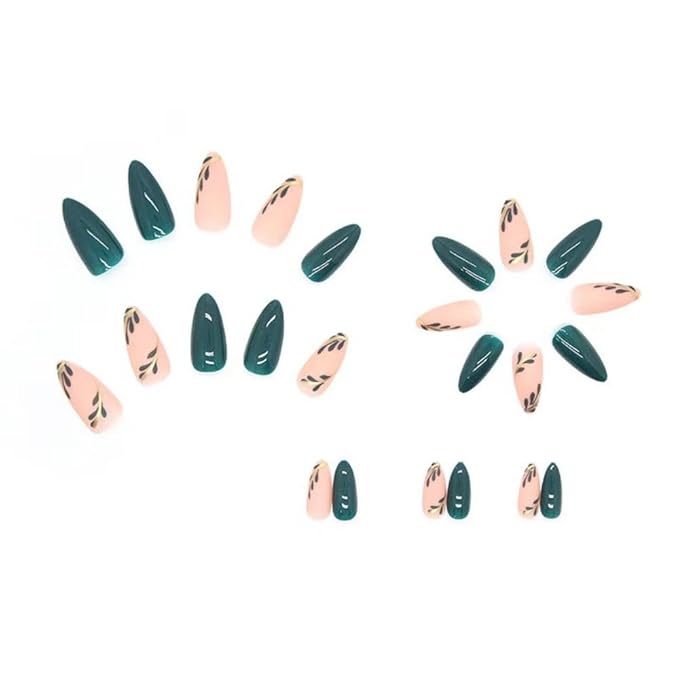 Green Press on Nails Short Almond Stick on Nails Nude Fake Nails with Leaf Design Glossy Full Cover False Nails Artificial Acrylic Nails for Women Girls Diamond Manicure 24Pcs