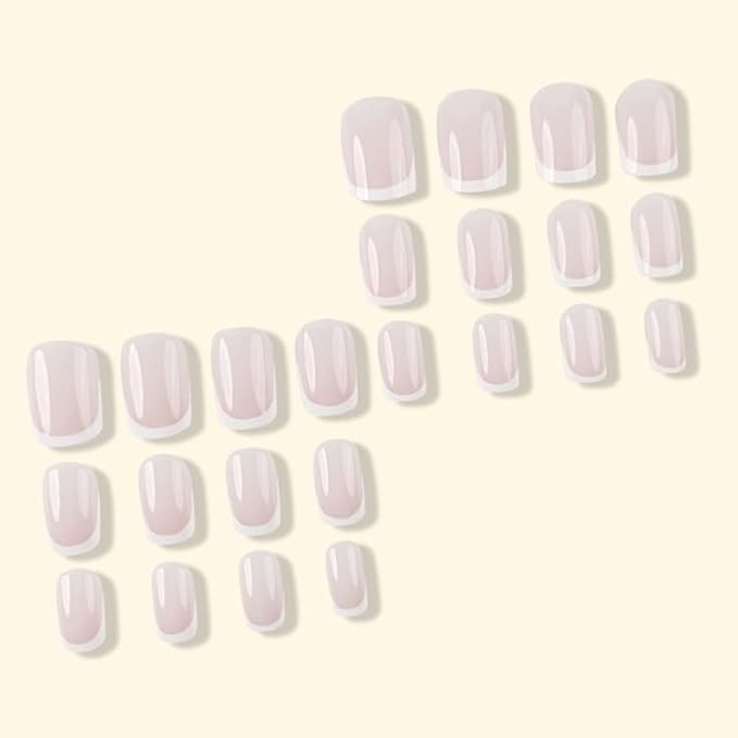French Tip Press on Nails Short Square Fake Nails Glossy Nude Acrylic Nails with Design Nature False Nails Glue on Nails for Women Girls Nails Kit 24 Pcs, Style 26